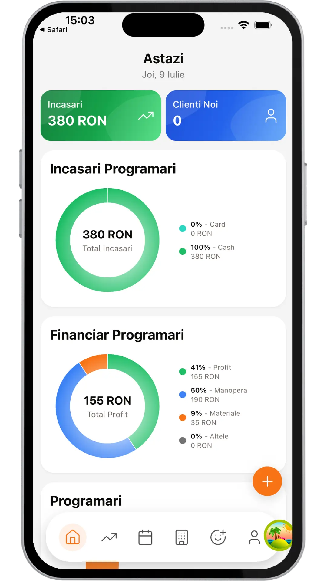 Aplicatia mobila IziBook pentru iOS si Android Telefon cu aplicatia IziBook — dashboard manager cu incasari si programari
